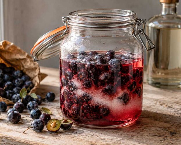 Clip-top jar of sloes and sugar with gin poured over, the liquid already turning deep red.