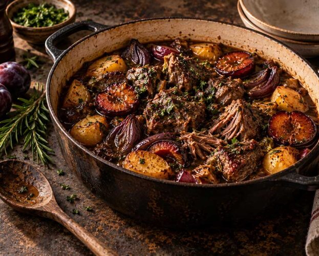 Lamb and plum braise in a cast-iron casserole with potatoes, red onion wedges and dark glossy plums in the sauce