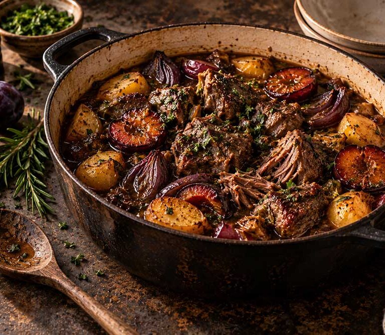 Lamb and plum braise in a cast-iron casserole with potatoes, red onion wedges and dark glossy plums in the sauce
