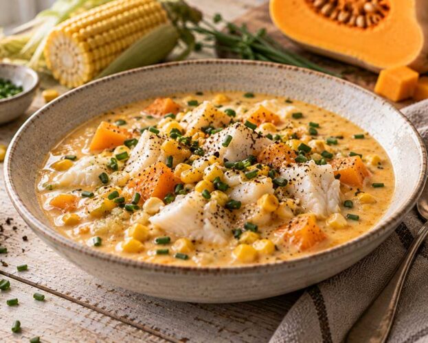 Bowl of creamy squash, sweetcorn and smoked haddock chowder topped with chives