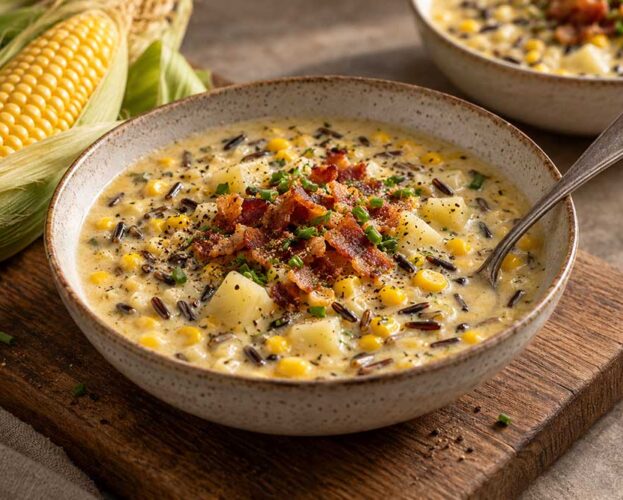 Sweetcorn, bacon and wild rice chowder in a bowl, topped with crisp bacon and chives