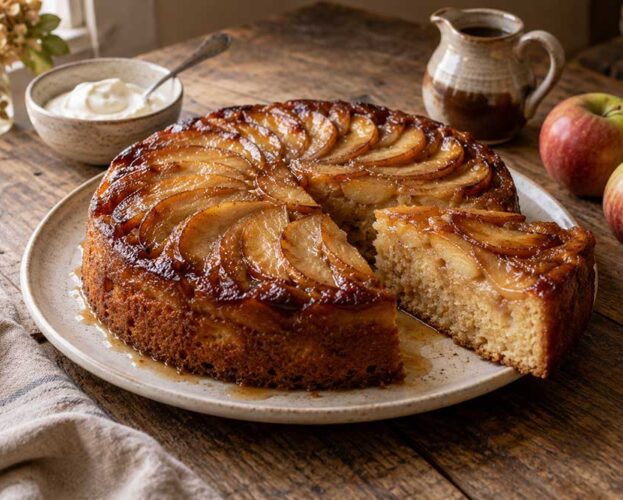 Upside-down maple and apple cake on a stoneware plate, glossy apple rings on top and one slice cut away