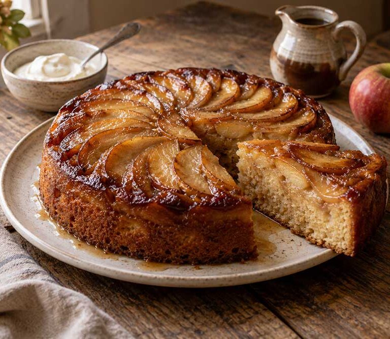 Upside-down maple and apple cake on a stoneware plate, glossy apple rings on top and one slice cut away