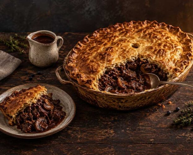 Venison, red wine and mushroom pie with a golden suet crust, one portion served to show the dark, glossy filling