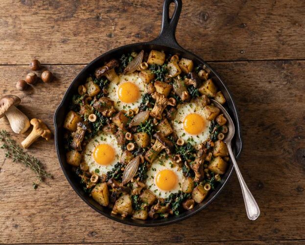 Wild mushroom hash with baked eggs, crisp potatoes, kale and toasted cobnuts in a cast-iron frying pan