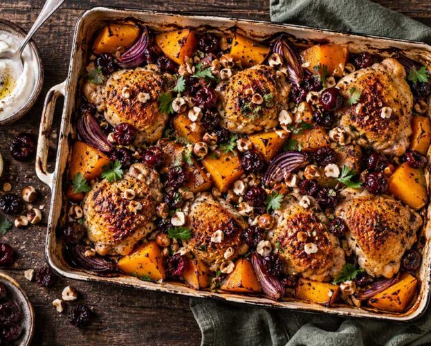 Yoghurt chicken traybake with sour cherries, roast butternut squash, red onions, hazelnuts and parsley in a roasting tin