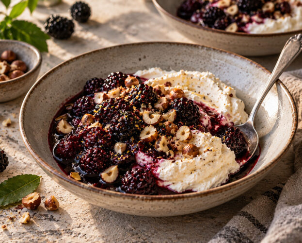 Roast blackberries and their dark syrup spooned over whipped ricotta in a shallow bowl, scattered with cobnuts