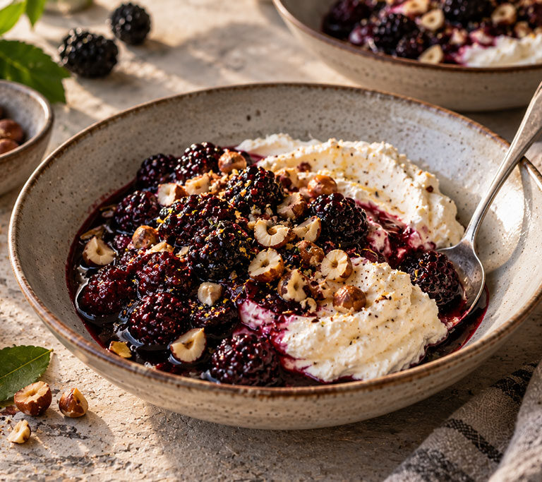 Roast blackberries and their dark syrup spooned over whipped ricotta in a shallow bowl, scattered with cobnuts