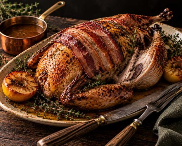 Whole roast pheasant on an oval platter with bacon over the breast, roast apples and pan juices.