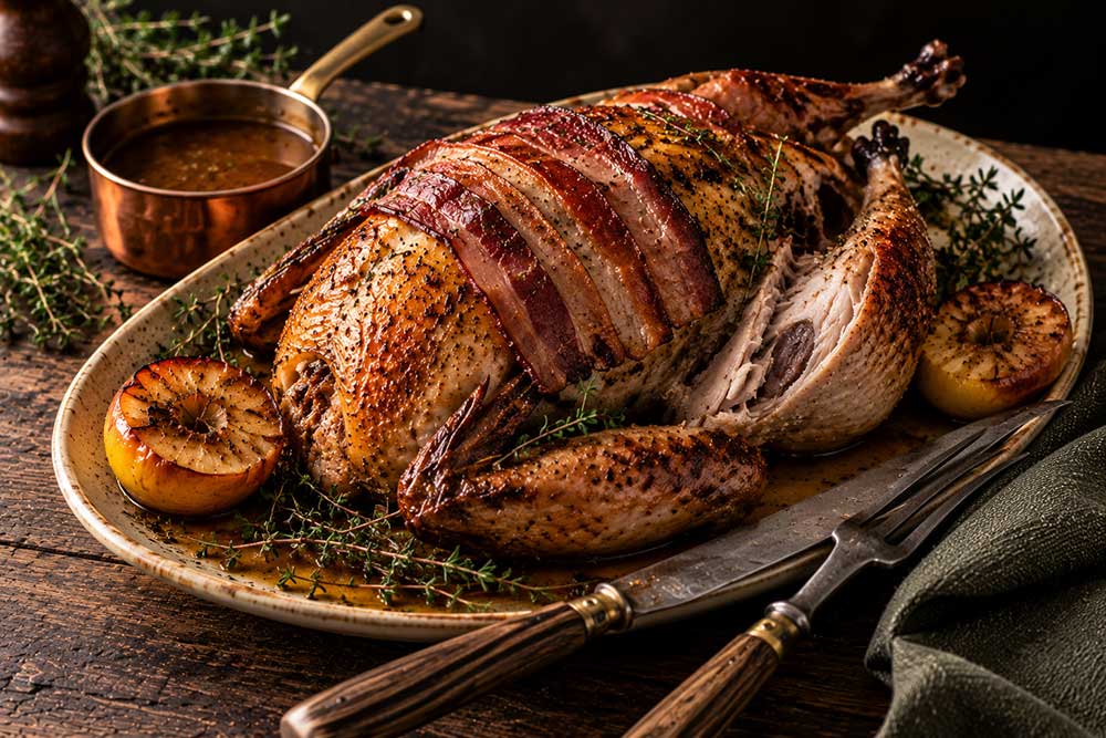 Whole roast pheasant on an oval platter with bacon over the breast, roast apples and pan juices.
