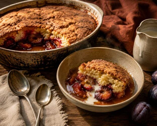 Plum self-saucing pudding in a baking dish with a portion in a bowl showing the toffee sauce and plums under the sponge