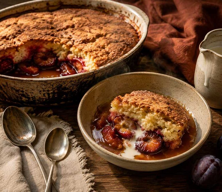 Plum self-saucing pudding in a baking dish with a portion in a bowl showing the toffee sauce and plums under the sponge