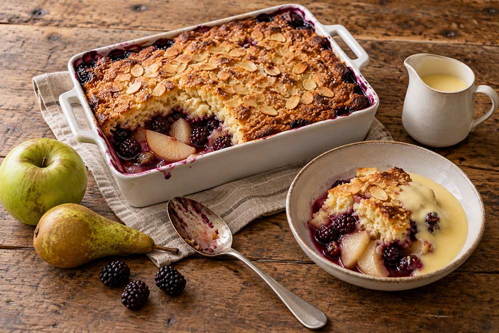 Apple, pear and blackberry orchard pudding in a baking dish with a golden almond sponge, one portion served with custard