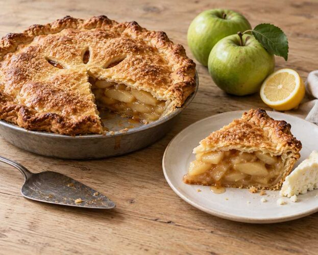 Bramley apple pie with a golden Wensleydale crust, one slice cut and served with a wedge of crumbly cheese