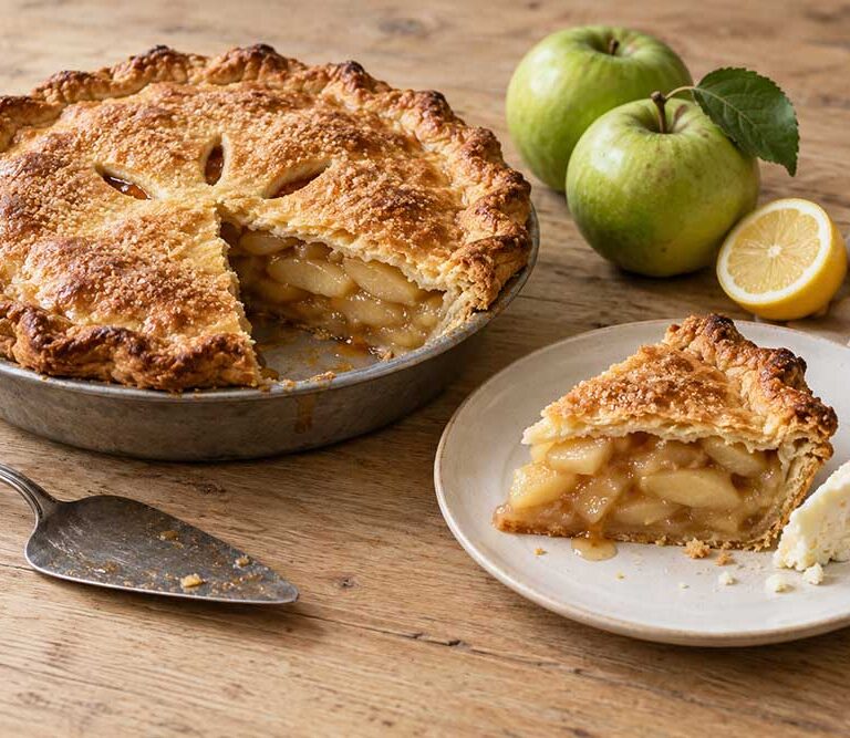 Bramley apple pie with a golden Wensleydale crust, one slice cut and served with a wedge of crumbly cheese