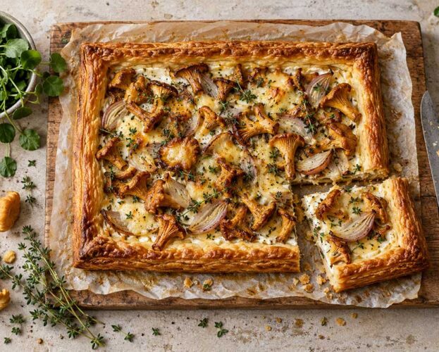 Chanterelle, shallot and thyme puff pastry tart with a golden flaky border on a wooden board with watercress