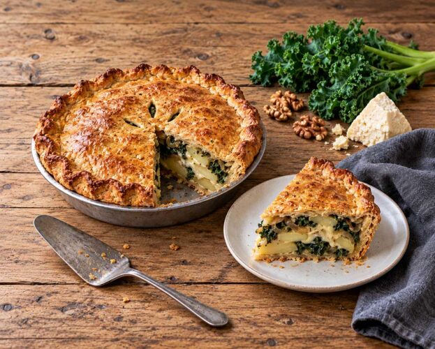 Cheese, onion and kale pie with golden walnut pastry, one wedge cut to show the potato, cheese and kale filling