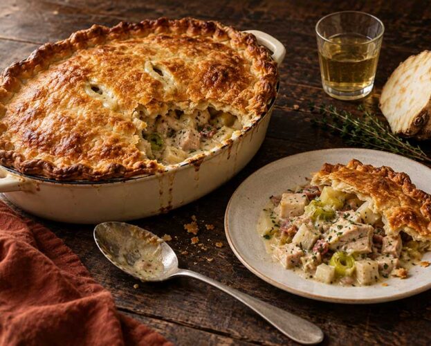 Pheasant, celeriac and cider pie with a golden shortcrust lid, one portion served to show the creamy filling