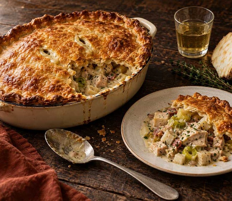 Pheasant, celeriac and cider pie with a golden shortcrust lid, one portion served to show the creamy filling