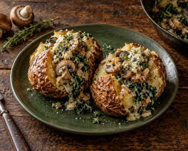 Mushroom, kale and blue cheese jacket potatoes split open on a green plate, the creamy filling spilling from crisp skins