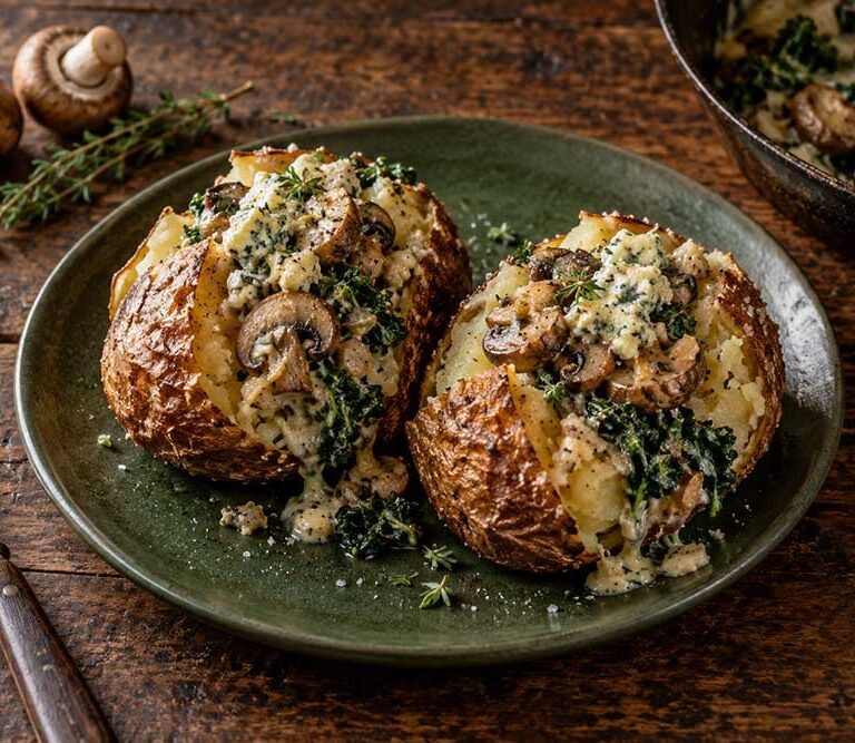 Mushroom, kale and blue cheese jacket potatoes split open on a green plate, the creamy filling spilling from crisp skins