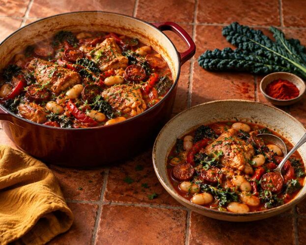 Bowl and casserole of pheasant stew with chorizo, butter beans, cavolo nero and parsley