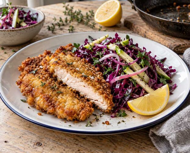 Two crumbed pheasant schnitzels on a plate with red cabbage and apple slaw and a lemon wedge