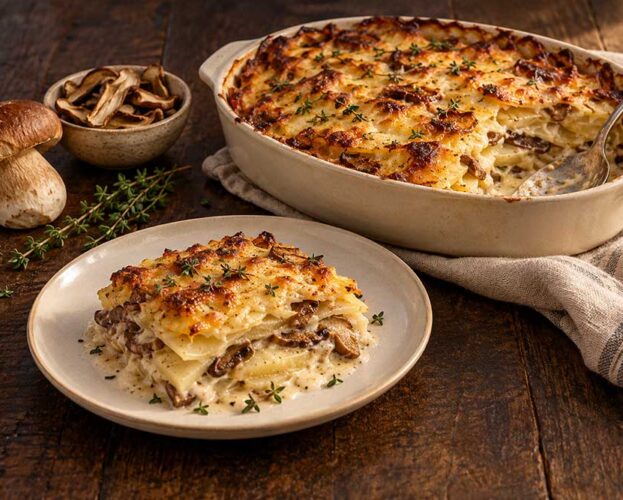 Porcini and potato gratin with a golden Cheddar top and thyme leaves in a ceramic dish, one portion served