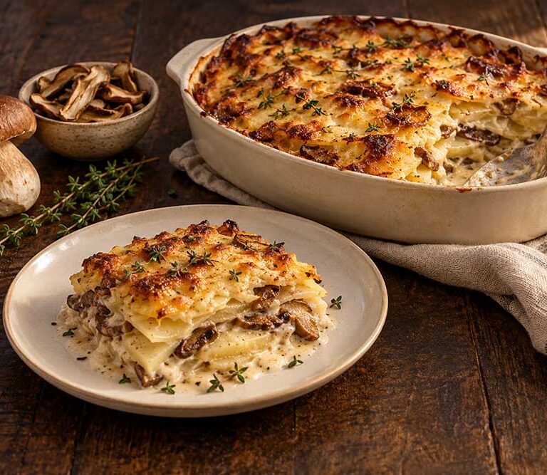 Porcini and potato gratin with a golden Cheddar top and thyme leaves in a ceramic dish, one portion served