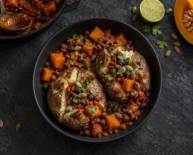 Pumpkin and black bean chilli jacket potatoes in a black bowl, topped with toasted pumpkin seeds and coriander