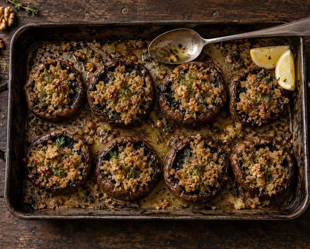 Roast field mushrooms with garlic and walnut crumb