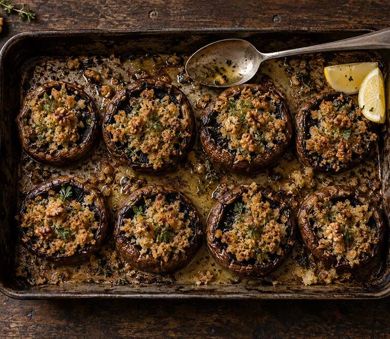 Roast field mushrooms with garlic and walnut crumb