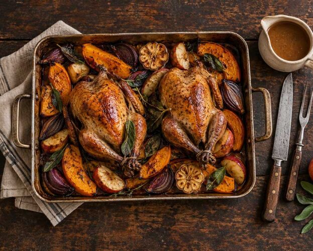 Two roast pheasants in a roasting tin with squash wedges, red onion, apples and sage, with cider gravy