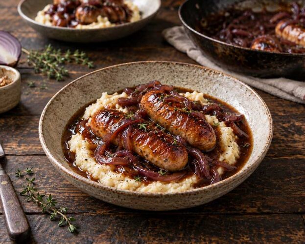 Sausages with red onion gravy on celeriac mash in a shallow bowl, the glossy gravy pooling around the mash