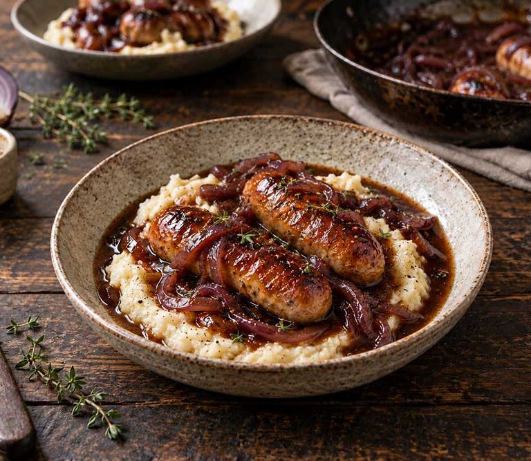 Sausages with red onion gravy on celeriac mash in a shallow bowl, the glossy gravy pooling around the mash