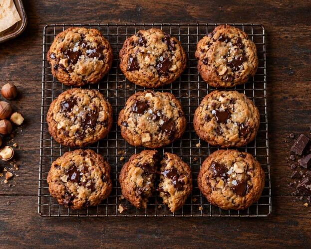 Toasted cobnut and dark chocolate chip cookies on a wire rack, one broken open, with whole cobnuts in their shells