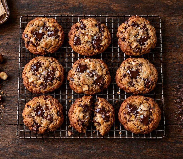 Toasted cobnut and dark chocolate chip cookies on a wire rack, one broken open, with whole cobnuts in their shells